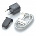 Mini adaptador de energia AC/carro USB + Kit de cabo de carregamento/dados para iPhone3G/3GS/4/iPad - preto