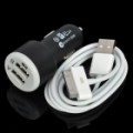 Carro cigarro Powered Charger Adapter com / Dual USB + cabo de dados/carregamento USB para o novo iPad - preto