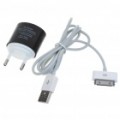 Elegante Mini USB Power Adapter com dados USB + cabo de carregamento para iPhone 4/iPad - preto (100 ~ 240V)