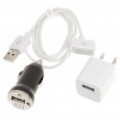 3-em-1 AC Adapter carregador + carregador de isqueiro + cabo USB para iPhone 4 - preto + branco