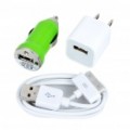 3-em-1 AC Adapter carregador + carregador de isqueiro + cabo USB para iPhone 4 - verde + branco