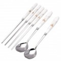 Elegante alça de Bone China inox plana pauzinhos + colheres definida (4-Pack)