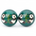 Panda + bambu padrão Cloisonne saúde bola c / sino soada Inside - verde (5cm / par)