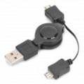 Retrátil USB macho 2 x USB cabo estendido masculino - Black (74 de Etended cm comprimento)