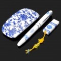 Elegante azul e branco porcelana 4 GB USB Flash Drive + preto de tinta caneta + Mouse Wireless Set